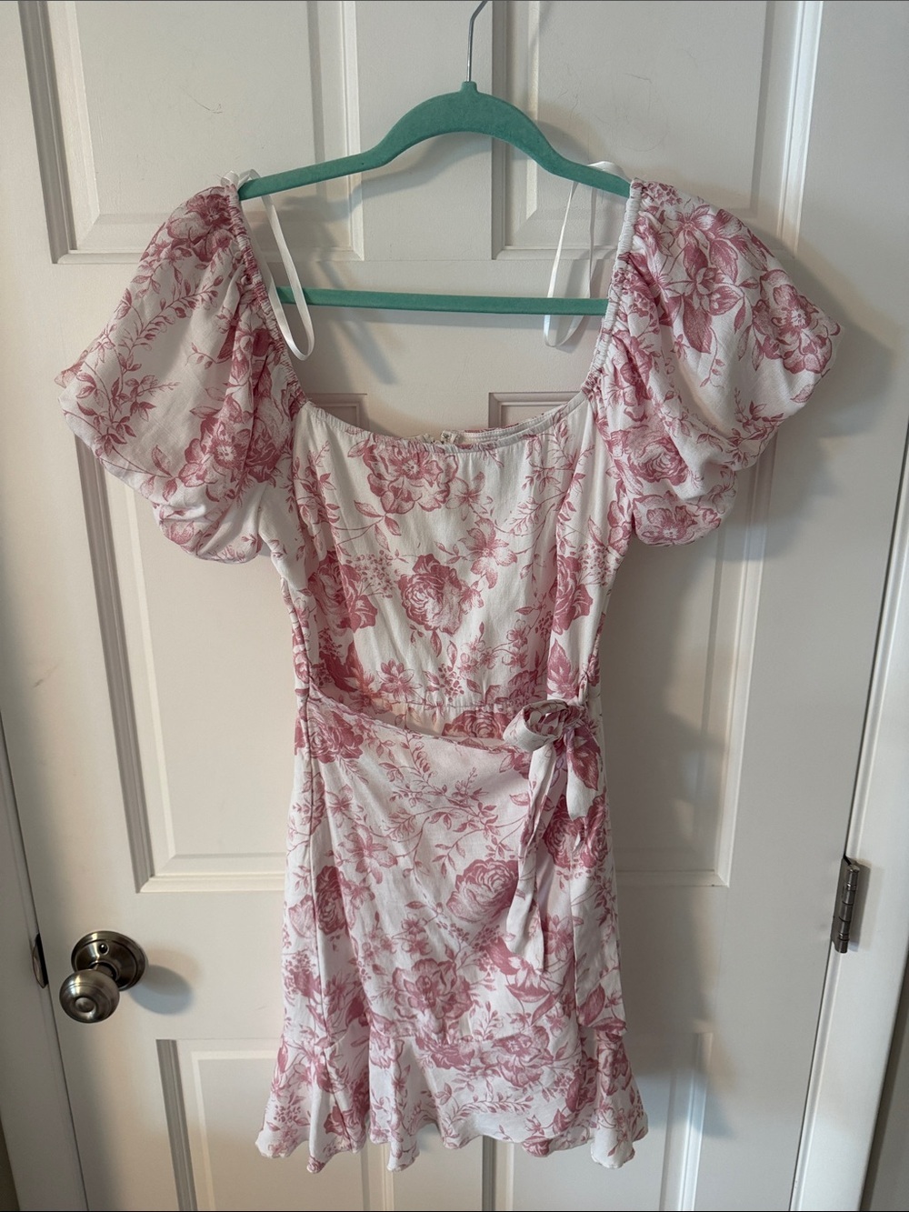 Trixxi Rose Pink Floral Toile Print Puff Sleeve Square Neck Faux Wrap Dress XS
